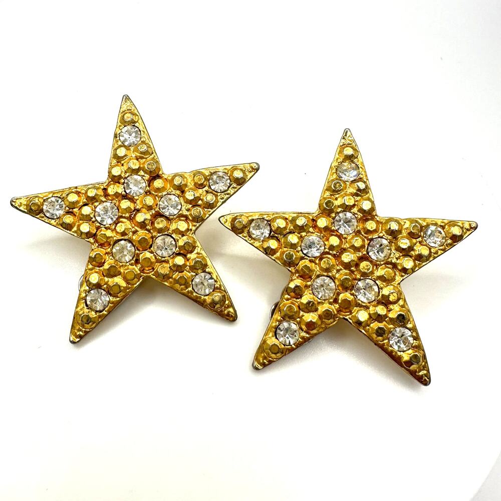 Vintage 1990s gold tone clear rhinestones 5 point stars clip on earrings